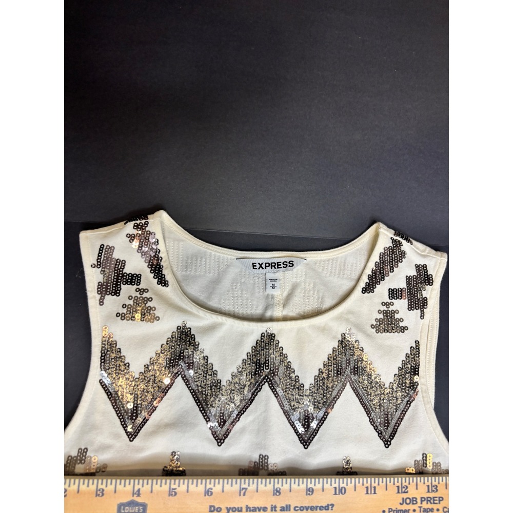 Express Tribal Sequin Aztec Sheath Dress - White & Silver Sleeveless Size Med - Picture 5 of 6